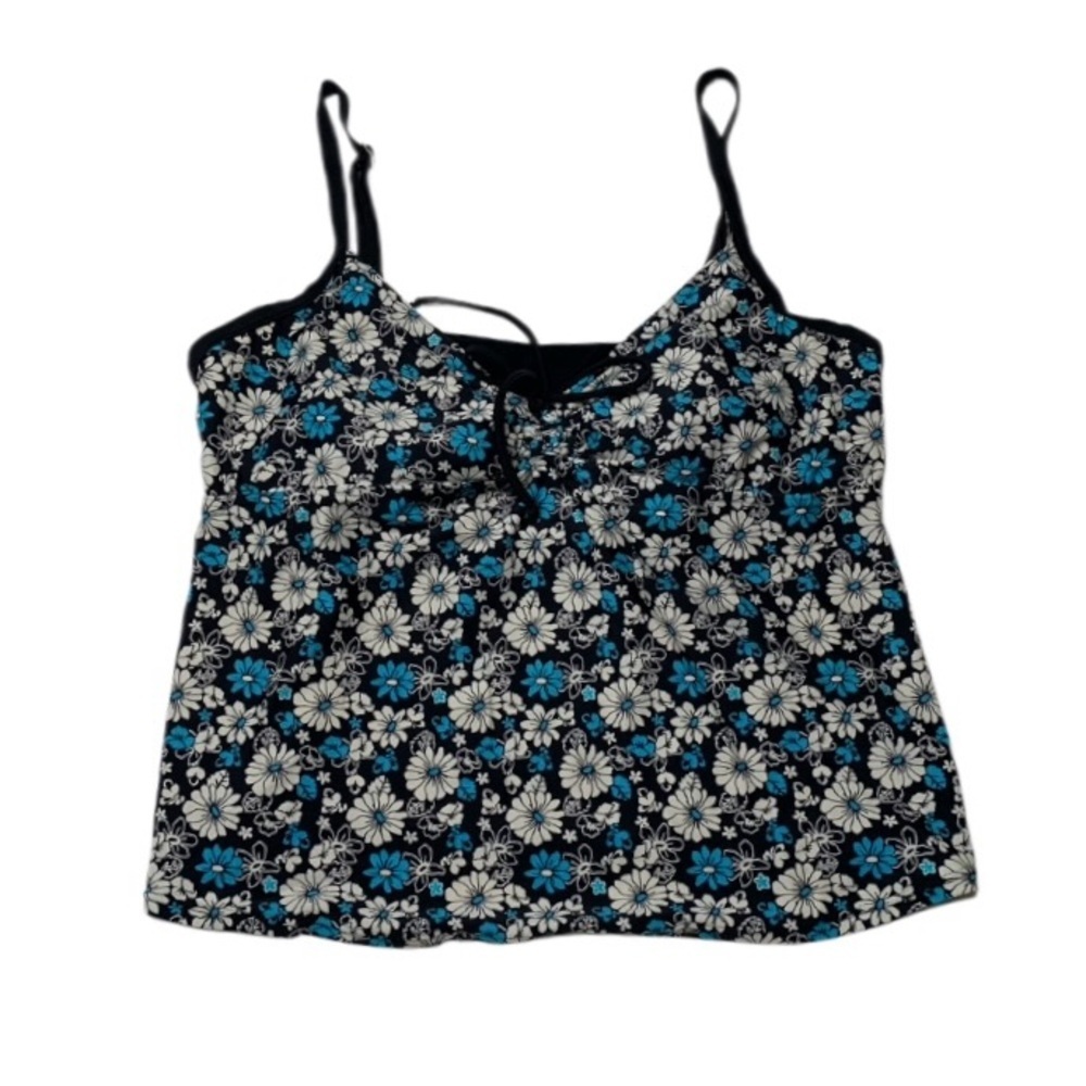 Blue and White Tieโ Front Camisole Swim Top Tankini